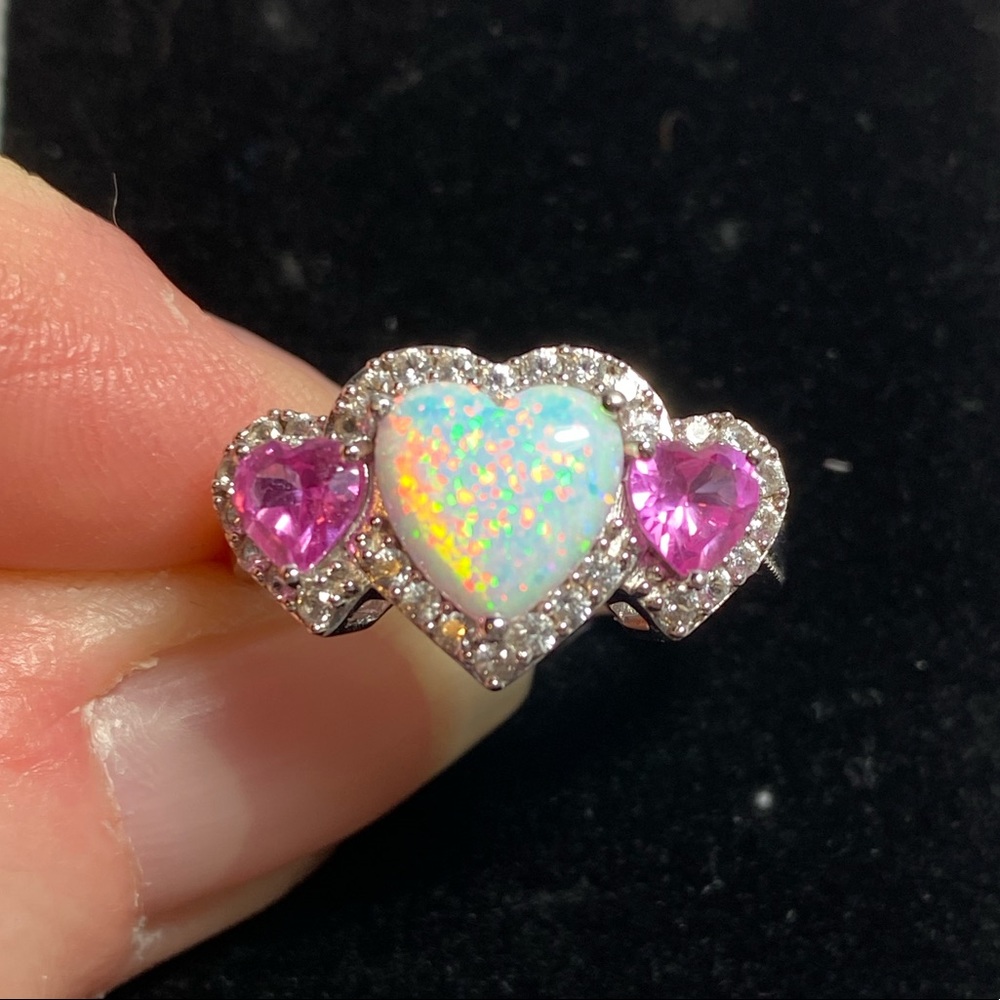 Opal with pink and white sapphires set in sterling silver ring